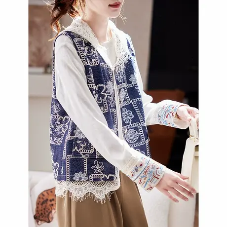 宝诗黎蕾丝拼接亮片牛仔马甲2025春季洋气休闲百搭桑蚕丝马夹外套图片