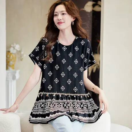 宝诗黎圆领印花短袖衬衫女2025夏季洋气减龄休闲波西米亚风衬衣商品大图