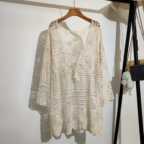 勾花镂空针织衫女夏季新款波西米亚度假风中长款抽绳系带上衣罩衫图片