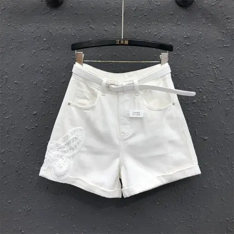 设计感蝴蝶刺绣白色牛仔短裤女夏季2025新款辣妹高腰a字阔腿热裤商品大图