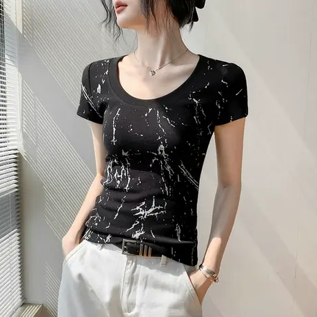 黑色圆领印花短袖T恤女2025夏季新款独特高级修身显瘦时尚上衣女图片