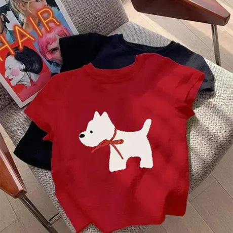 红色趣味小狗正肩短袖t恤女2025新款夏季美式辣妹修身短款上衣ins商品大图