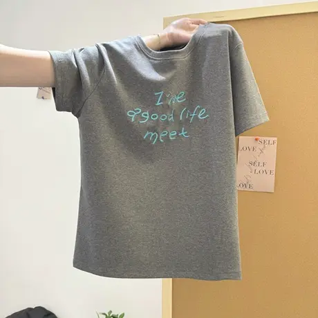 美式复古短袖T恤女2025夏季新款宽松韩版字母刺绣chic别致上衣潮图片