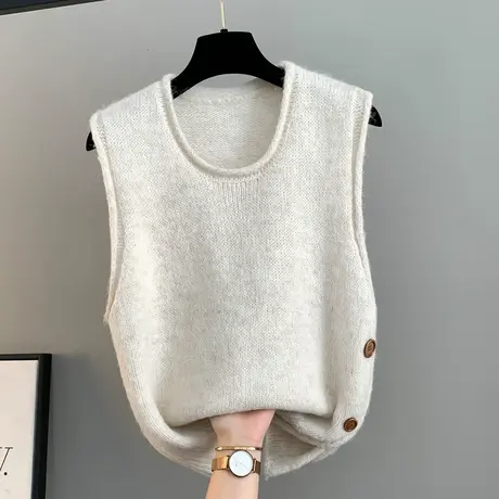 复古侧开叉马甲背心女2025秋冬新款圆领针织外搭叠穿纯色休闲马夹商品大图