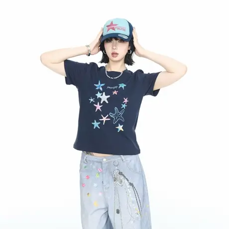 美式短款正肩修身星星印花短袖T恤女夏季2025新款甜辣风半袖上衣图片