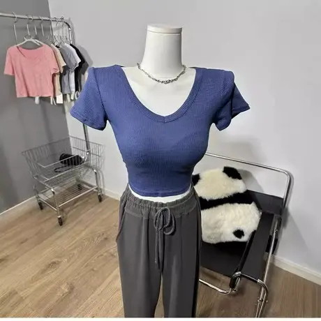 V领螺纹短袖T恤修身短款打底衫上衣薄款夏季女装商品大图