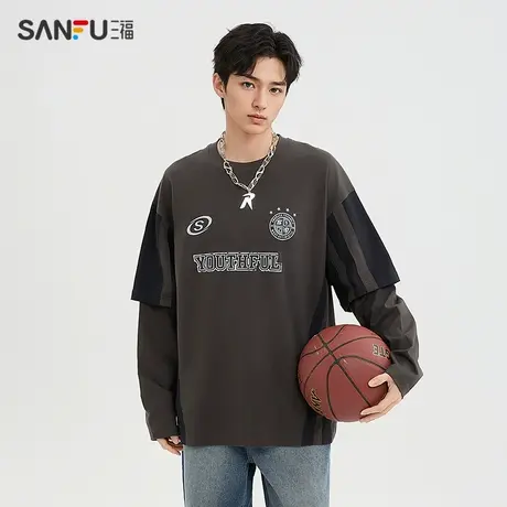 三福2025春季男士假两件杠条长T恤 休闲圆领落肩上衣男497678图片