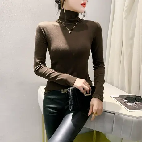 秋冬加厚高领T恤女长袖气质减龄纯色打底衫个性百搭修身性感上衣商品大图
