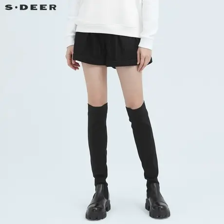 sdeer圣迪奥冬季女装休闲系带条纹卷边黑色宽松毛呢短裤S20480901图片