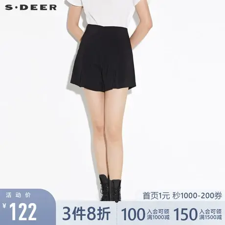 sdeer圣迪奥女时尚休闲创意暗褶斜插口袋黑色短裤S19280914图片