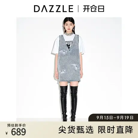 DAZZLE地素奥莱 春夏复古小众印花背带直筒牛仔连衣裙短裙女图片