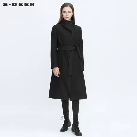 sdeer圣迪奥女装时尚立领字母收腰长款毛呢大衣女外套S20481857图片