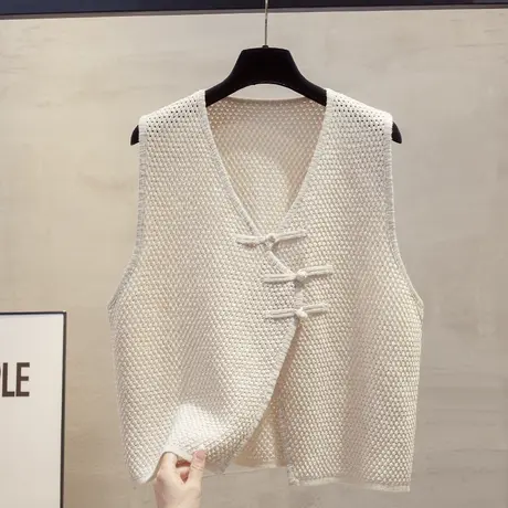 镂空竹节麻开衫v领针织马甲背心女2025春夏新款马夹叠穿毛衣坎肩商品大图