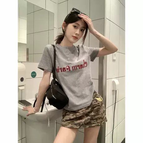 夏季设计感小众美式复古灰色圆领正肩女t恤修身显瘦常规短袖上衣商品大图