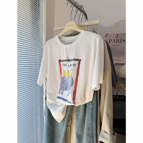 宽松显瘦纯棉油画风卡通小象印花短袖T恤女 青春减龄灰色白色体恤商品大图