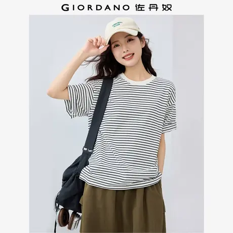 佐丹奴T恤女装纯棉条纹宽松落肩圆领针织短袖T恤 13325316商品大图