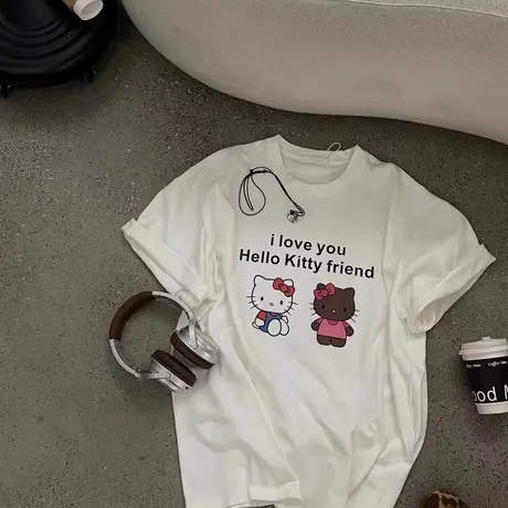 韩国东大门2025夏季新款宽松洋气减龄圆领卡通kt猫印花短袖T恤女商品大图