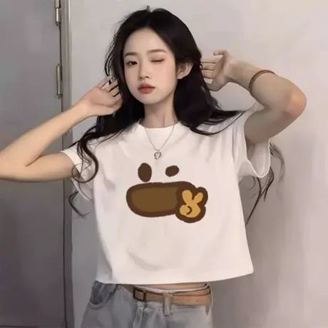 欧货小众白色短袖t恤女2025新款夏季棉质爆款设计感高腰短款上衣商品大图