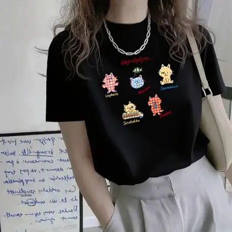 欧洲站新款夏季半高领短袖t恤女装卡通图案宽松黑色爆款棉上衣服图片