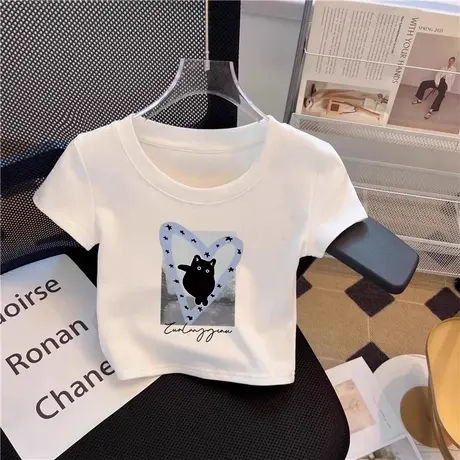 美式辣妹正肩短袖t恤女2025新款夏季修身显瘦卡通猫咪短款上衣潮商品大图