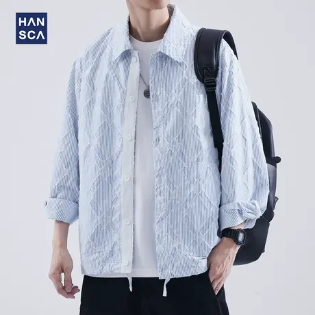 hansca条纹长袖衬衫男士秋季日系复古潮牌青少年宽松休闲衬衣外套商品大图
