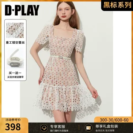 DPLAY黑标2023轻奢名媛风时尚白方领出芽定制重工镂空蕾丝连衣裙图片