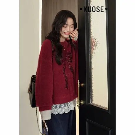 阔色安可拉红色蝴蝶结针织衫宽松毛衣女2024秋冬季新款内塔打底衫商品大图