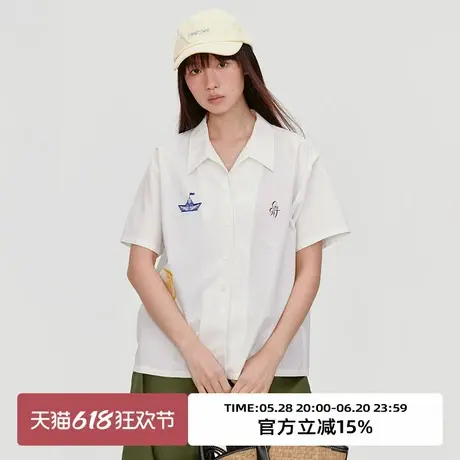 omont蛋挞家复古趣味刺绣古巴领短袖衬衫2025夏宽松休闲衬衣上衣商品大图