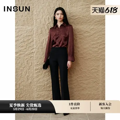 INSUN恩裳专选秋季褶皱醋酸复古酒红色衬衫商品大图