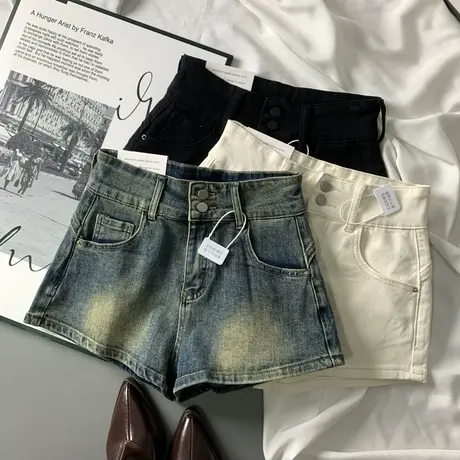 港风双扣复古水洗牛仔短裤女2024冬季新款弹力紧身包臀A字阔脚裤商品大图