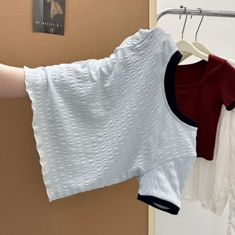 chic甜辣短袖T恤女夏季修身小个子短款韩版正肩肌理感半袖上衣潮商品大图