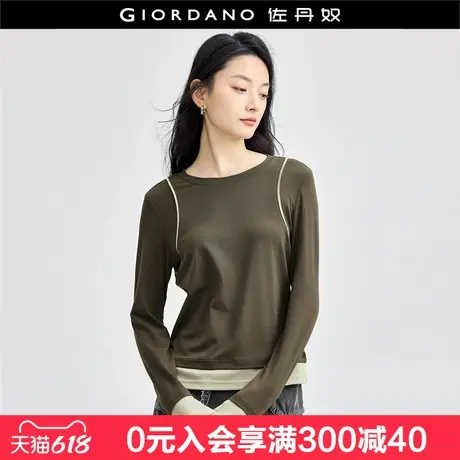 佐丹奴长袖T恤女新款假两件上衣时尚撞色拼接圆领套头衫18324625图片