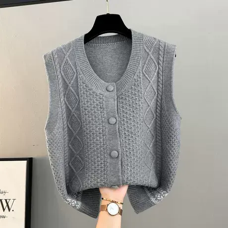 马甲女秋装新款韩版时尚菱形格子提花单排扣无袖开衫背心坎肩马夹图片