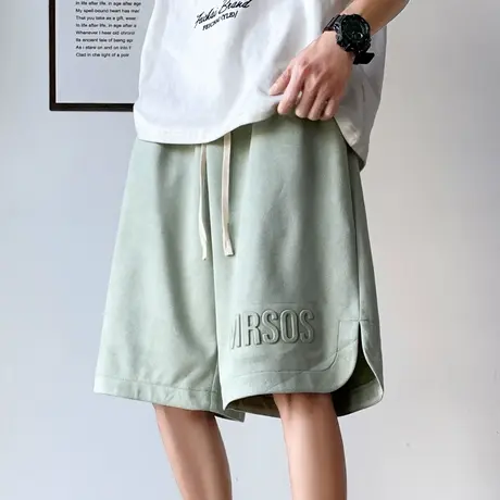 麂皮绒钢印字母运动短裤男夏季美式高街新款宽松休闲五分裤子潮牌图片