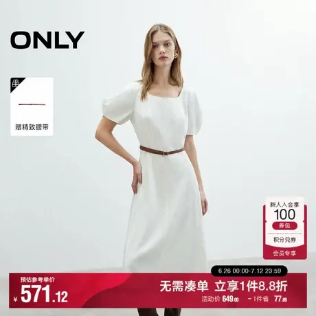 ONLY2025夏季新款立体花苞袖短袖腰带收腰中长裙小白裙连衣裙女商品大图