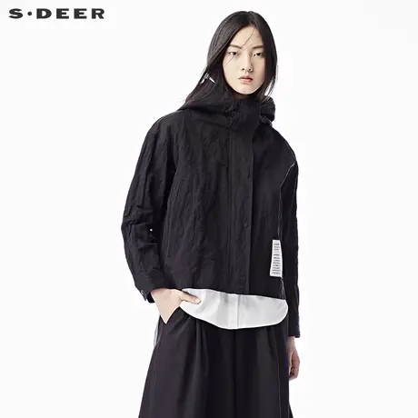 sdeer圣迪奥2019春装字母连帽撞色两件套褶皱夹克外套女S17382286图片