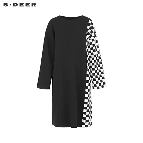 sdeer圣迪奥22春夏新品圆领撞色格纹款宽松长款针织衫女S221Z3521图片