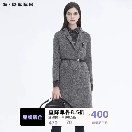 sdeer圣迪奥女装时尚牛仔拼接收腰假两件毛呢大衣S20481802图片
