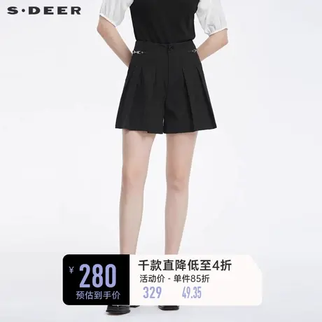 sdeer圣迪奥女高腰拼接插袋A字通勤黑色高腰短裤夏女S222Z0903图片