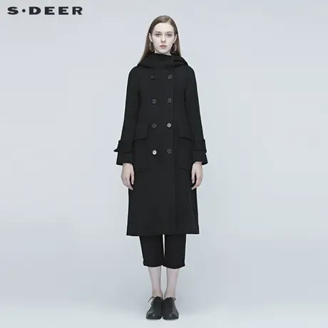 sdeer圣迪奥春季新品女装休闲双排扣插袋连帽大衣S20381824图片