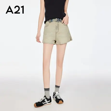 A21女装蓝白做旧牛仔短裤2025夏季新款简约设计感宽松显瘦阔腿裤图片