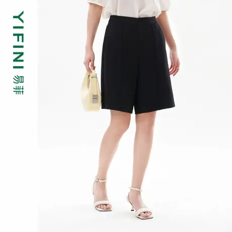 [专柜同款]Yifini/易菲三醋酸黑色短裤女夏装新款宽松直筒裤商品大图