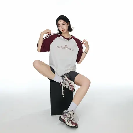 2025夏季新款三道杠宽松圆领印花纯棉撞色T恤短袖女潮牌半袖上衣商品大图