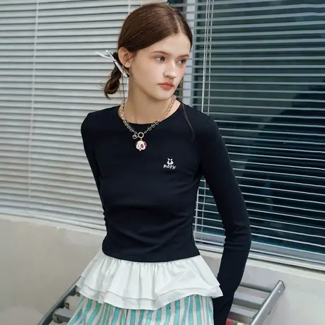 a02花边修身显瘦芭蕾风长袖上衣2025春季休闲女式T恤图片
