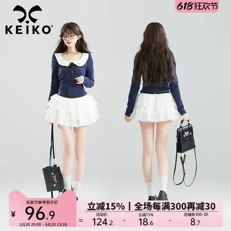 KEIKO miu系娃娃领短款针织上衣女2025春夏甜美风抽褶显瘦长袖T恤商品大图