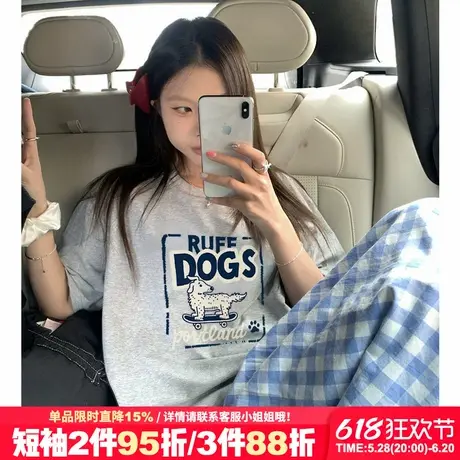 vintage古着感简约风通勤灰色短袖t恤女宽松百搭正肩纯棉半袖上衣商品大图