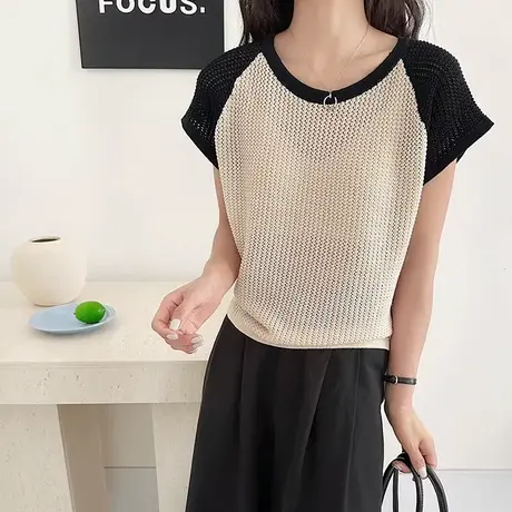 设计感小众针织短袖t恤女2025新款春夏韩系宽松镂空罩衫薄款上衣图片