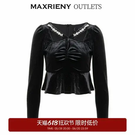 【奥莱】MAXRIENY法式复古风丝绒雪纺衫秋冬修身显瘦长袖上衣女图片