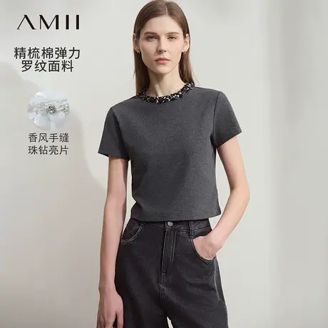 Amii2025夏新款珠钻亮片装饰圆领精梳棉弹力T恤女短款休闲上衣图片