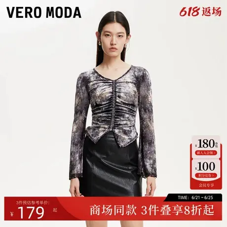 Vero ModaT恤女2025春季新款丝绒质感抽褶修身印花T恤325102020商品大图